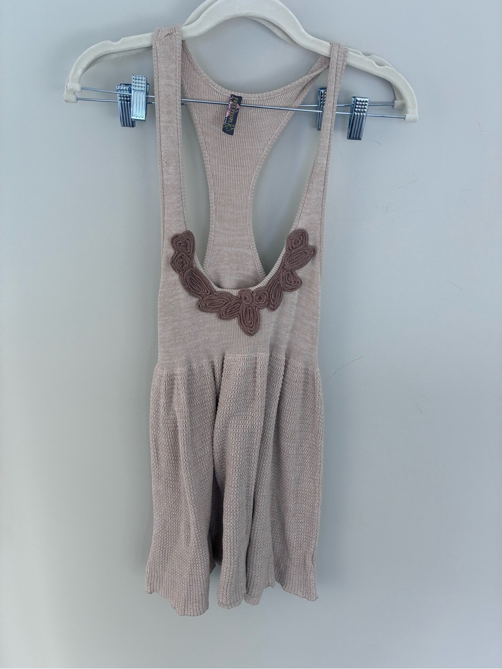 Free People Sleeveless Knit Tank Romper in Light Taupe with Applique